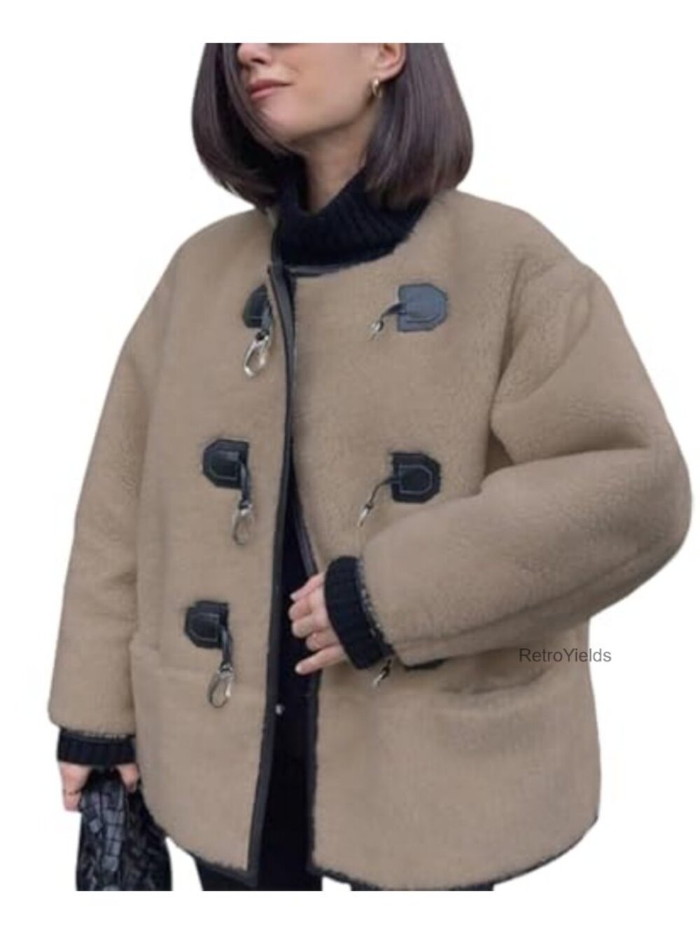 Women's Collarless Button Down Sherpa Fleece Jacket Loose Fit Long Sleeve Coat